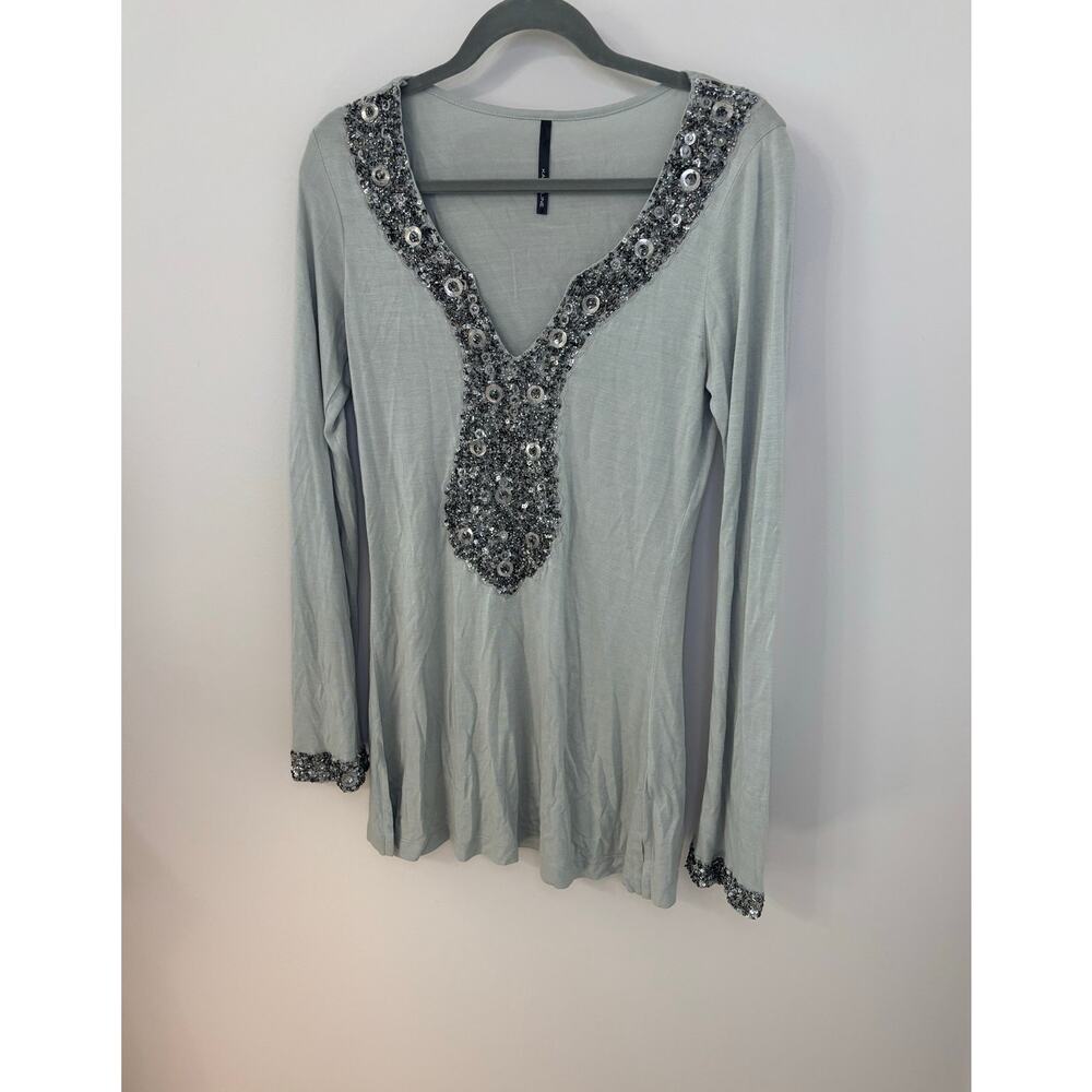 Kay Celine v-neck, long sleeve, tunic top, embellished neckline and sleeves, SM